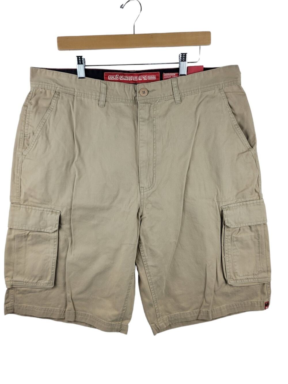Ecko Unltd Y2K Denim Foundry Cargo Shorts Khaki Tan Pockets Size 38 Cotton NOS